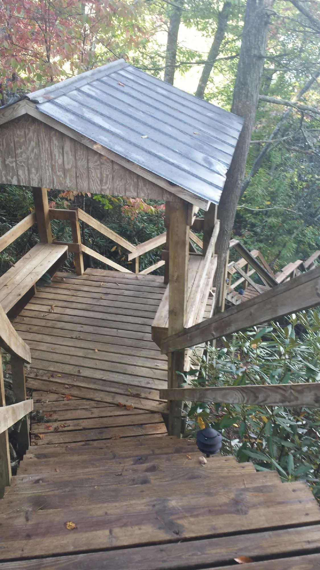 Metal roofed shelter over wooden steps on a wooded walkway — Skylight Repair & Installation work by our crew in Greenville