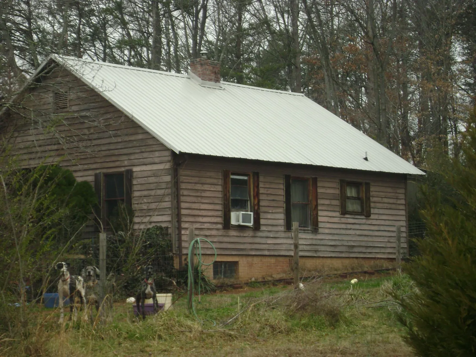 White metal roof on an old wood sided farmhouse, from a Asphalt Shingle Roof Repair job in Greenville